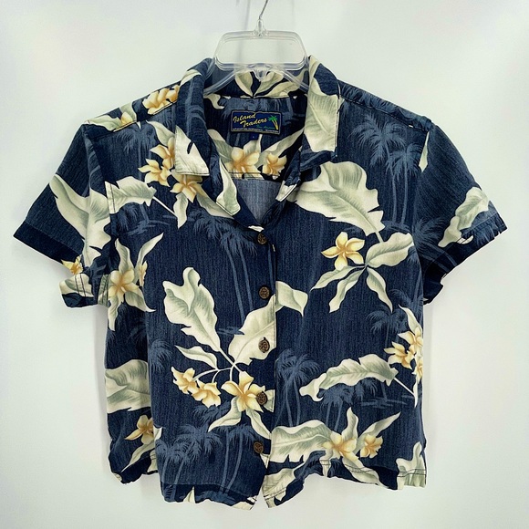 Island Trader button down Hawaiian floral print Top Sz L - Picture 1 of 6
